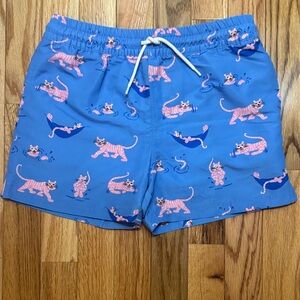 The Beaufort Bonnet Company Blue Swim Trunks with Pink Tiger Print